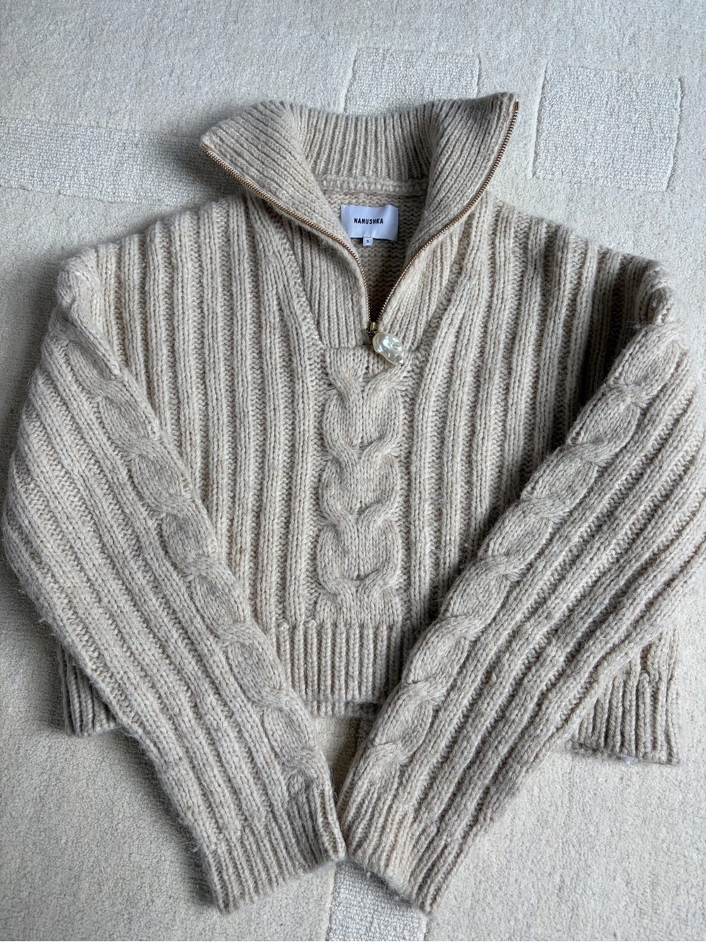 Nanushka Cropped Cable-Knit, Half-Zip Sweater with Pearl pull. Small